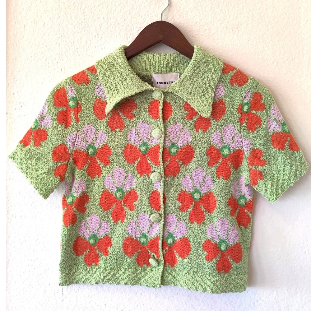 Industry Floral Knit Cardigan Sweater Short Sleeve Lime Orange Pink Small NEW